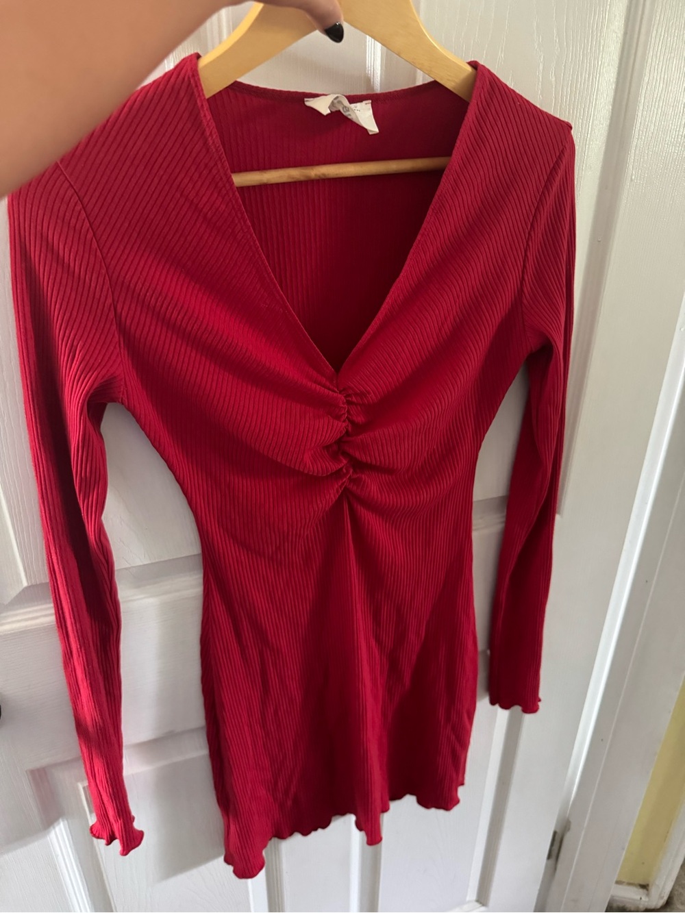Ribbed V-Neck Long Sleeve Dress in Red